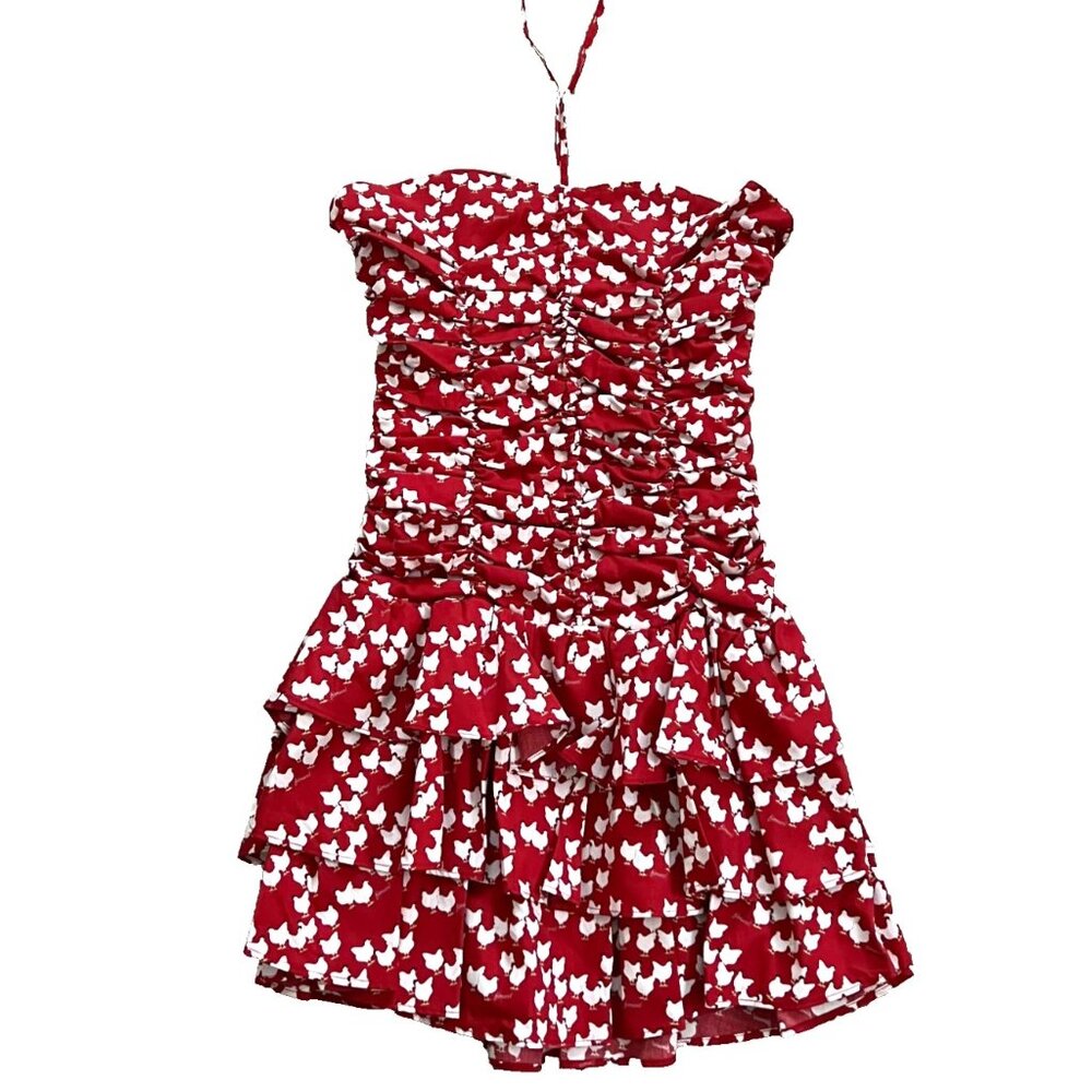 NWT Fiorucci Rusched Halter Dress Red Chicken Print 40 IT 2-4 US S